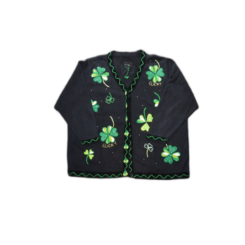 Vintage Quacker Factory Sweater Cardigan XL Plus Shamrock St Patrick's Day Irish